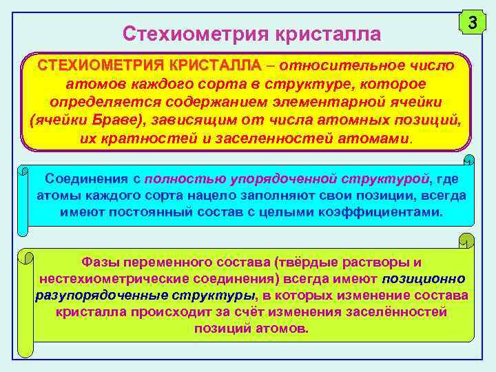 Стехиометрия кристалла 3 СТЕХИОМЕТРИЯ КРИСТАЛЛА – относительное число атомов каждого сорта в структуре, которое