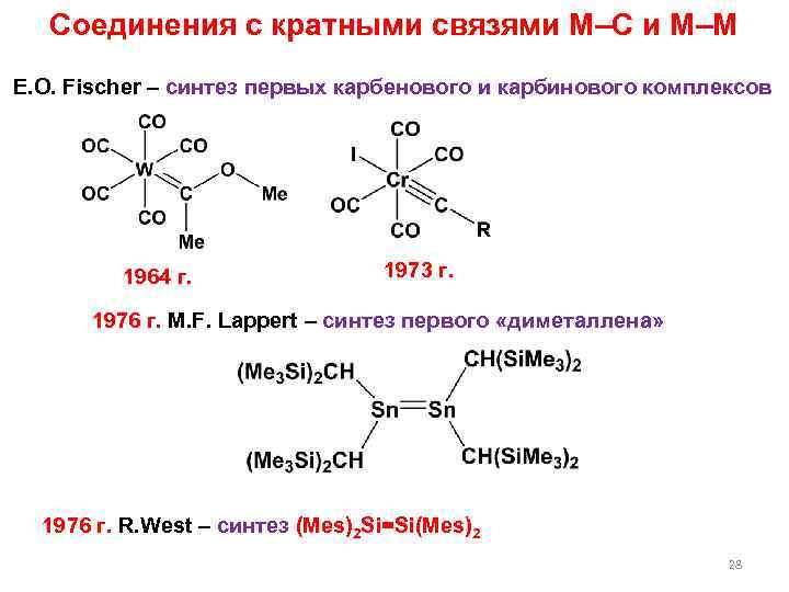 Соединения с кратными связями M–C и M–M E. O. Fischer – синтез первых карбенового