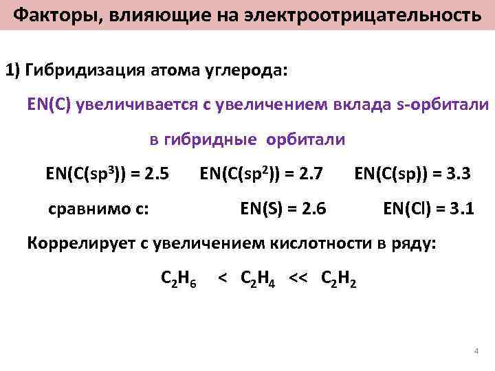 Факторы, влияющие на электроотрицательность 1) Гибридизация атома углерода: EN(C) увеличивается с увеличением вклада s-орбитали