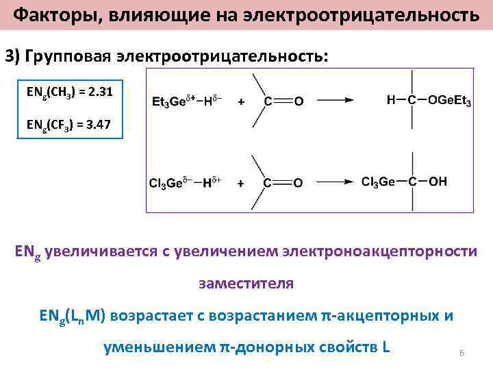 Факторы, влияющие на электроотрицательность 3) Групповая электроотрицательность: ENg(CH 3) = 2. 31 ENg(CF 3)