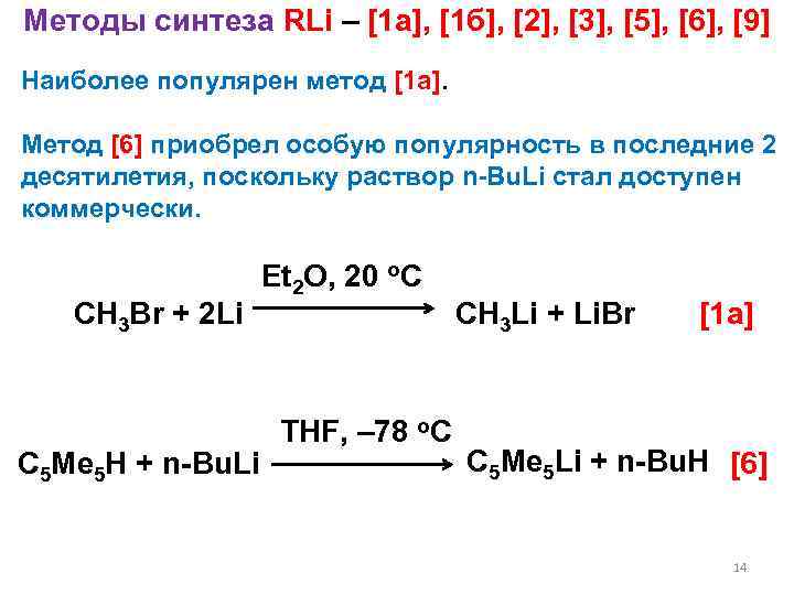 Методы синтеза RLi – [1 а], [1 б], [2], [3], [5], [6], [9] Наиболее