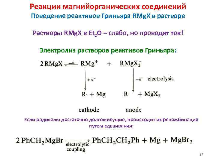Реакции магнийорганических соединений Поведение реактивов Гриньяра RMg. X в растворе Растворы RMg. X в