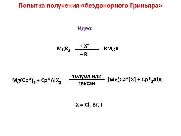 Попытка получения «бездонорного Гриньяра» Идея: Mg. R 2 Mg(Cp*)2 + Cp*Al. X 2 +