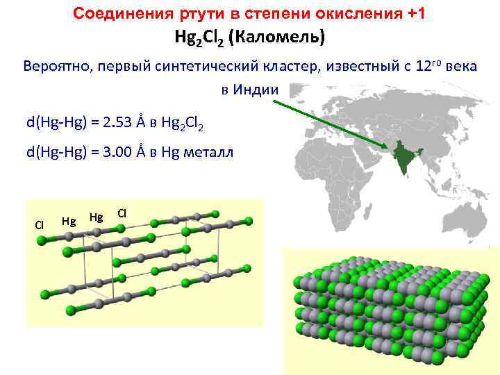 Соединения ртути в степени окисления +1 Hg 2 Cl 2 (Каломель) Вероятно, первый синтетический
