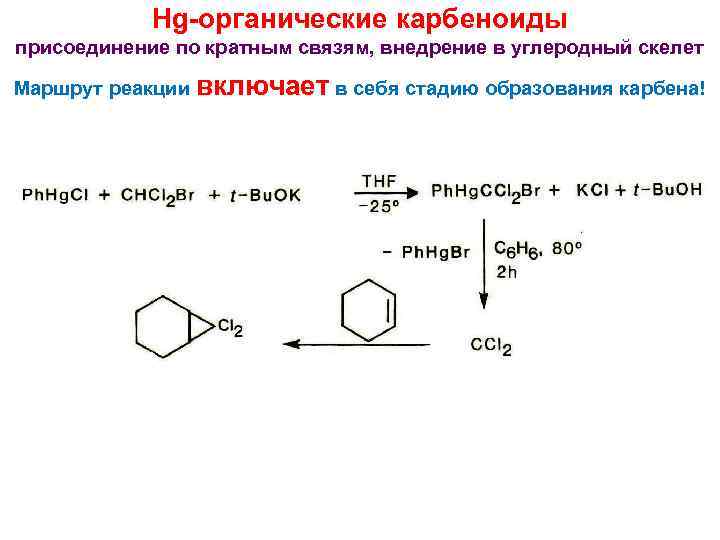 Hg-органические карбеноиды присоединение по кратным связям, внедрение в углеродный скелет Маршрут реакции включает в