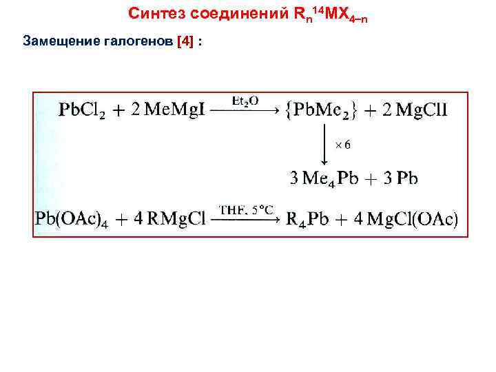 Синтез соединений Rn 14 MX 4 n Замещение галогенов [4] : 