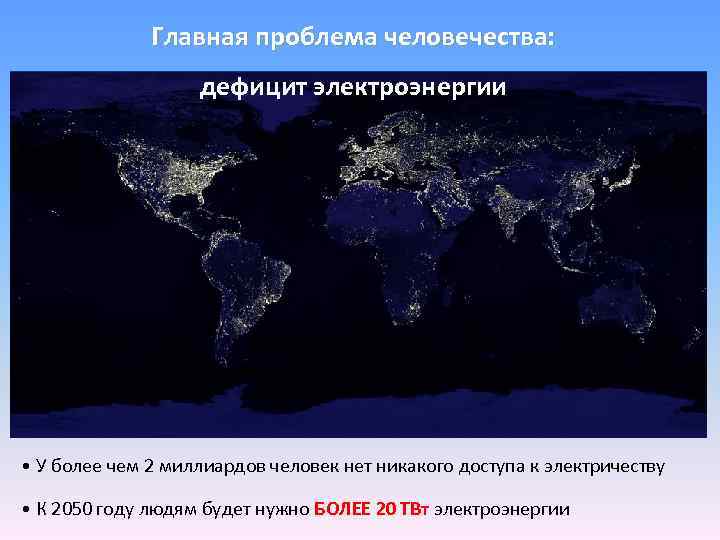 Главная проблема человечества: дефицит электроэнергии • У более чем 2 миллиардов человек нет никакого