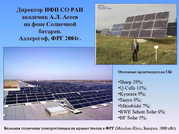 Директор ИФП СО РАН академик А. Л. Асеев на фоне Солнечной батареи. Адлерсгоф, ФРГ
