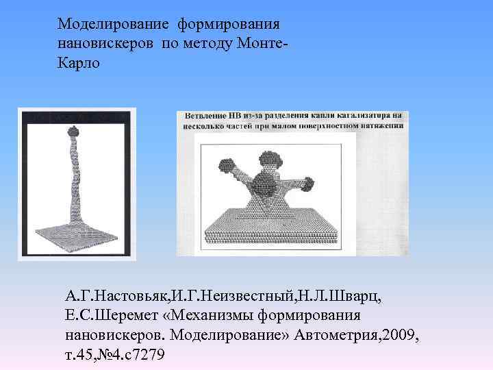 Моделирование формирования нановискеров по методу Монте. Карло А. Г. Настовьяк, И. Г. Неизвестный, Н.