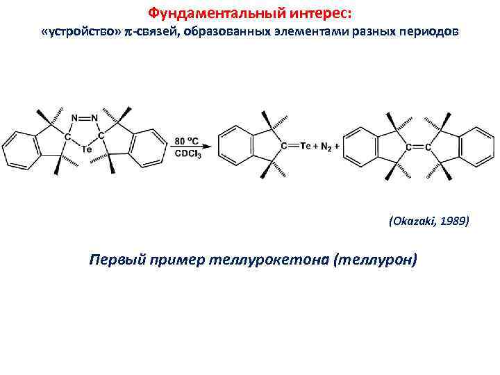 Фундаментальный интерес: «устройство» -связей, образованных элементами разных периодов (Okazaki, 1989) Первый пример теллурокетона (теллурон)