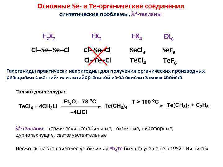 Основные Se- и Te-органические соединения синтетические проблемы, 4 -телланы E 2 X 2 EX