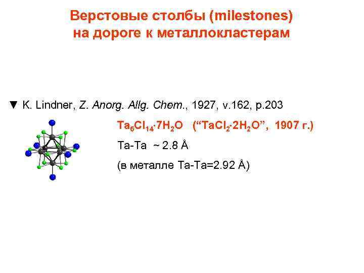 Верстовые столбы (milestones) на дороге к металлокластерам ▼ K. Lindner, Z. Anorg. Allg. Chem.
