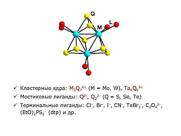 ü Кластерные ядра: M 3 Q 74+ (M = Mo, W), Ta 4 Q