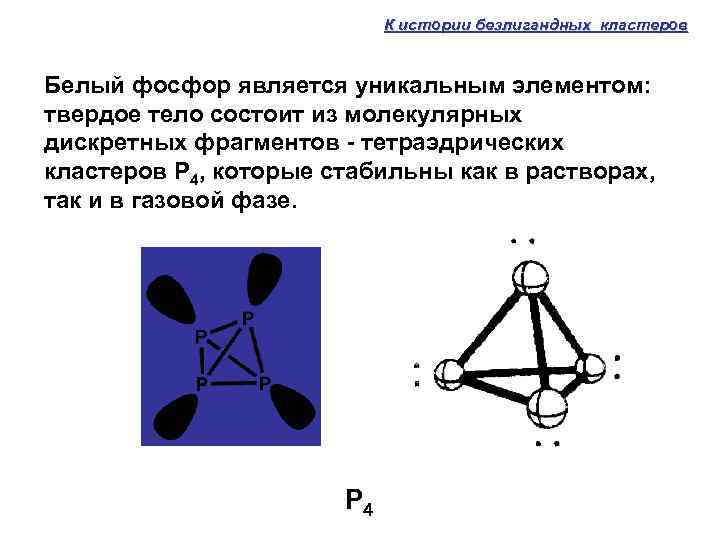 К истории безлигандных кластеров Белый фосфор является уникальным элементом: твердое тело состоит из молекулярных