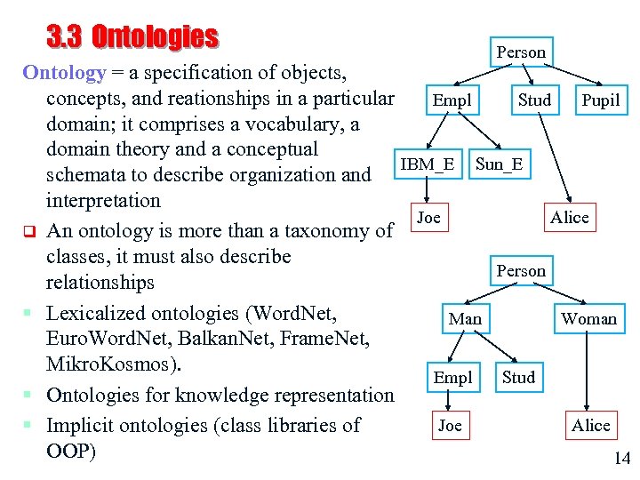 3. 3 Ontologies Person Ontology = a specification of objects, concepts, and reationships in