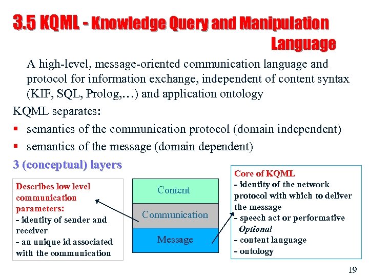 3. 5 KQML - Knowledge Query and Manipulation Language A high-level, message-oriented communication language