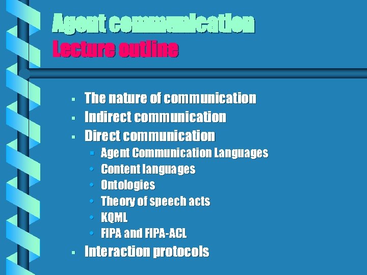 Agent communication Lecture outline § § § The nature of communication Indirect communication Direct