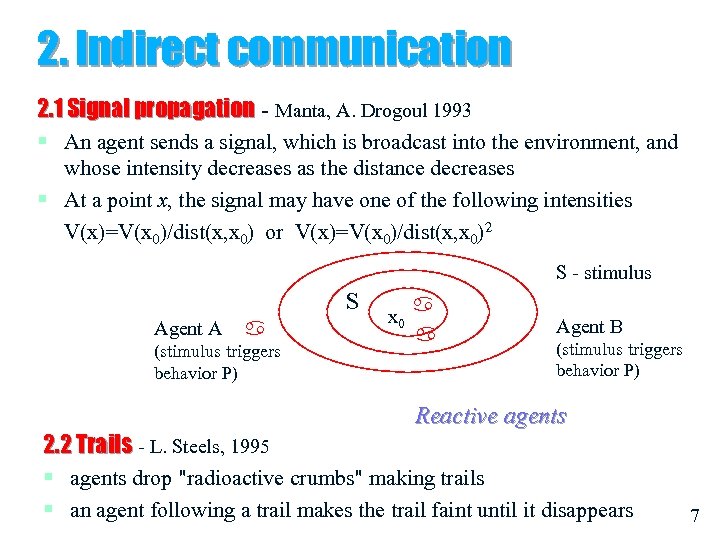2. Indirect communication 2. 1 Signal propagation - Manta, A. Drogoul 1993 § An