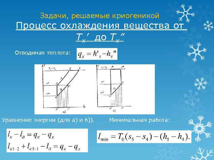 Задачи, решаемые криогеникой Процесс охлаждения вещества от Tx’ до Tx” Отводимая теплота: Уравнение энергии