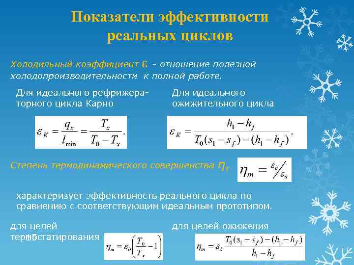 Показатели эффективности реальных циклов Холодильный коэффициент - отношение полезной холодопроизводительности к полной работе. Для