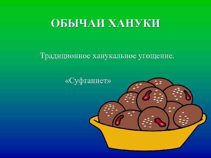 ОБЫЧАИ ХАНУКИ Традиционное ханукальное угощение. «Суфганиет» 