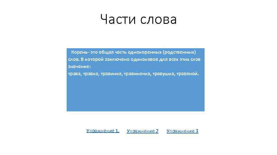 Части слова Корень- это общая часть однокоренных (родственных) слов. В которой заключено одинаковое для