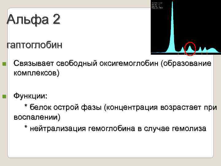 Альфа 2 гаптоглобин n Связывает свободный оксигемоглобин (образование комплексов) n Функции: * белок острой