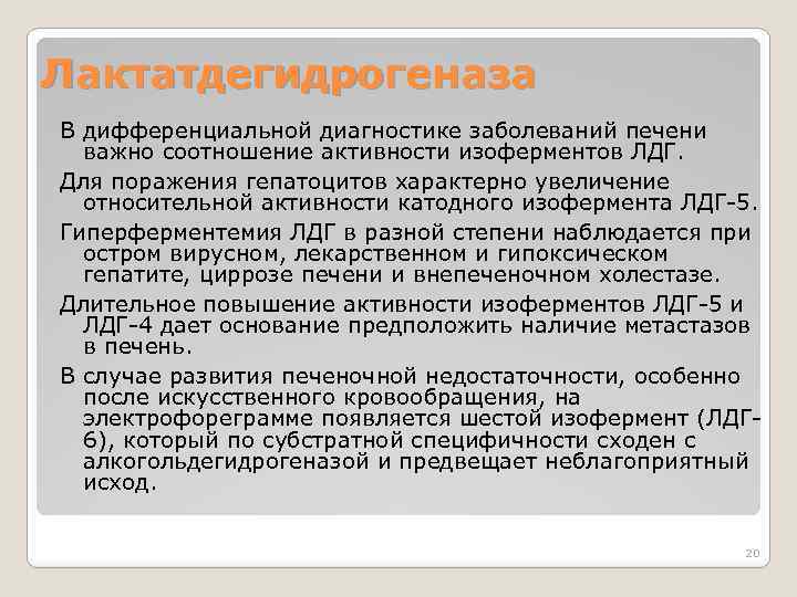 Лактатдегидрогеназа В дифференциальной диагностике заболеваний печени важно соотношение активности изоферментов ЛДГ. Для поражения гепатоцитов