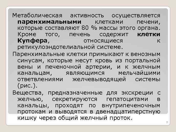 Метаболическая активность осуществляется паренхимальными клетками печени, которые составляют 80 % массы этого органа. Кроме