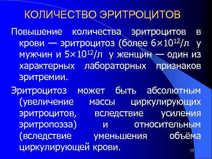 КОЛИЧЕСТВО ЭРИТРОЦИТОВ Повышение количества эритроцитов в крови — эритроцитоз (более 6× 1012/л у мужчин