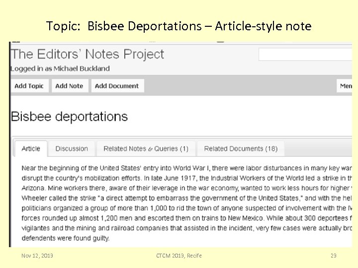 Topic: Bisbee Deportations – Article-style note Nov 12, 2013 CTCM 2013, Recife 23 