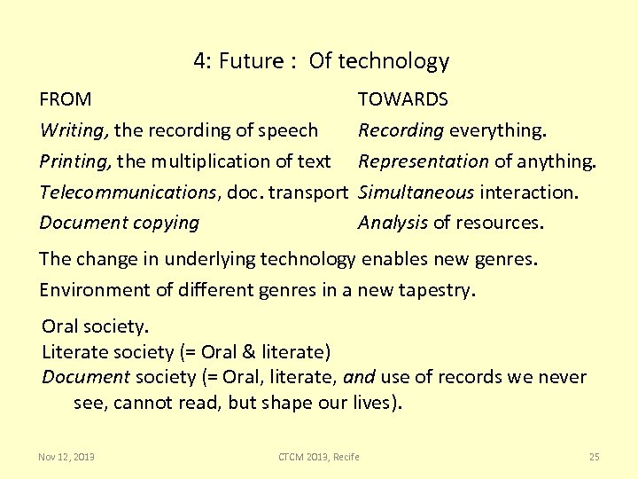 4: Future : Of technology FROM Writing, the recording of speech Printing, the multiplication