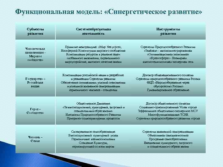  Функциональная модель: «Синергетическое развитие» Субъекты развития Системообразующая деятельность Инструменты развития Человеческая цивилизация Мировое