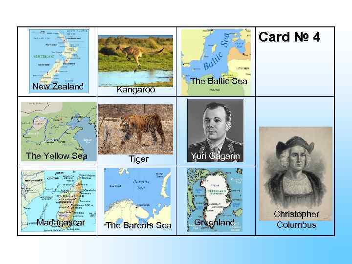 Card № 4 New Zealand The Yellow Sea Madagascar Kangaroo Tiger The Barents Sea