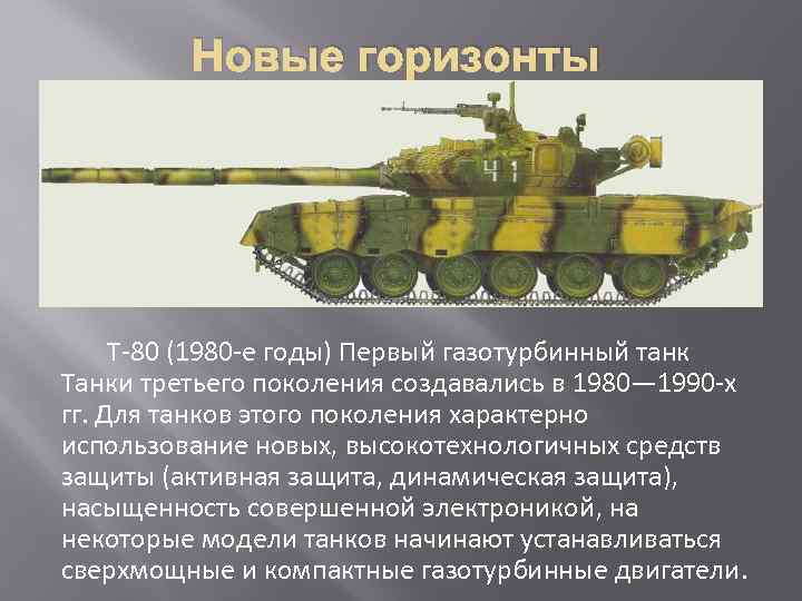 Новые горизонты Т-80 (1980 -е годы) Первый газотурбинный танк Танки третьего поколения создавались в