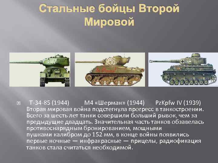 Стальные бойцы Второй Мировой Т-34 -85 (1944) М 4 «Шерман» (1944) Pz. Kpfw IV