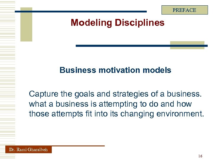 PREFACE Modeling Disciplines Business motivation models Capture the goals and strategies of a business.