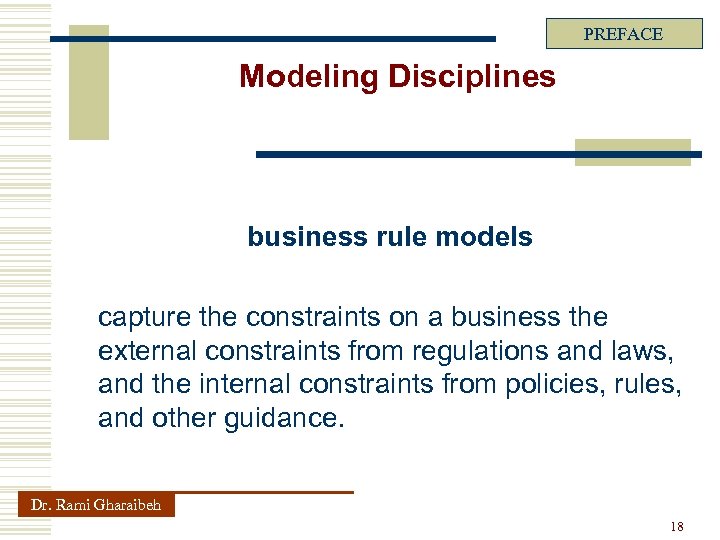 PREFACE Modeling Disciplines business rule models capture the constraints on a business the external