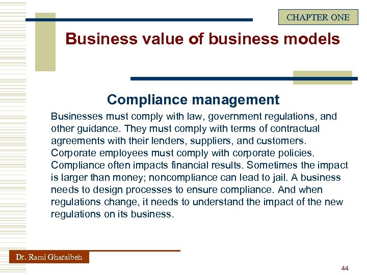 CHAPTER ONE Business value of business models Compliance management Businesses must comply with law,