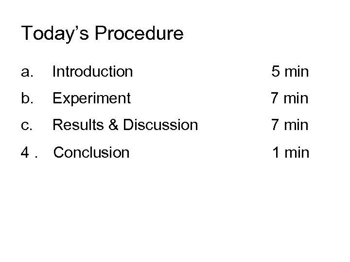 Today’s Procedure a. Introduction b. Experiment 　 　　　　　 7 min c. Results & Discussion