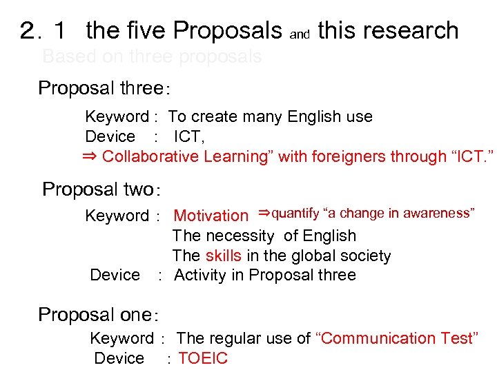 ２．１　the five Proposals and this research Based on three proposals Proposal three： 　　 　　　　　Keyword