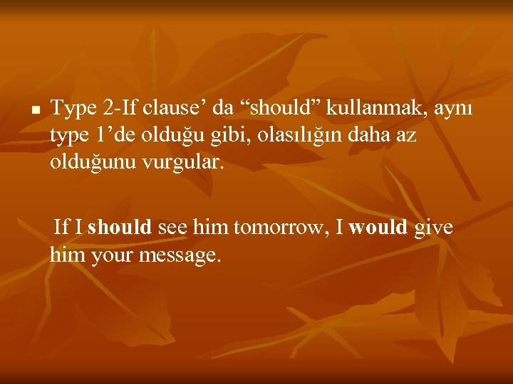 n Type 2 -If clause’ da “should” kullanmak, aynı type 1’de olduğu gibi, olasılığın