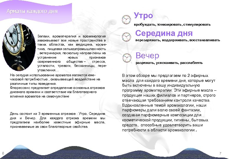 Арматы каждого дня Утро пробуждать, тонизировать, стимулировать Запахи, ароматерапия и аромакология завоевывают все новые