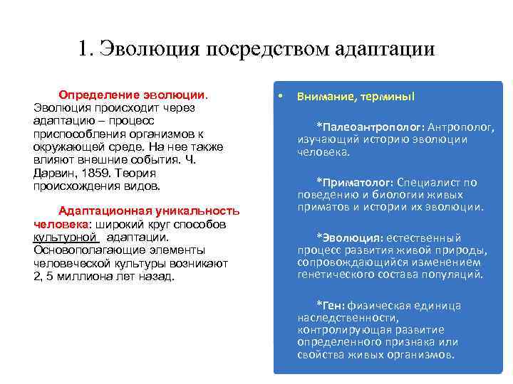 1. Эволюция посредством адаптации Определение эволюции. Эволюция происходит через адаптацию – процесс приспособления организмов