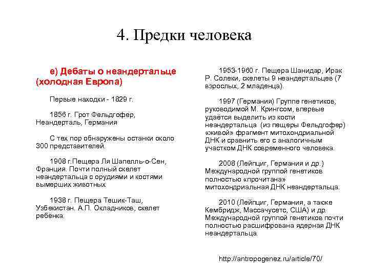 4. Предки человека e) Дебаты о неандертальце (холодная Европа) Первые находки - 1829 г.