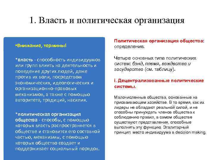 1. Власть и политическая организация • Внимание, термины! *власть - способность индивидуумов или групп