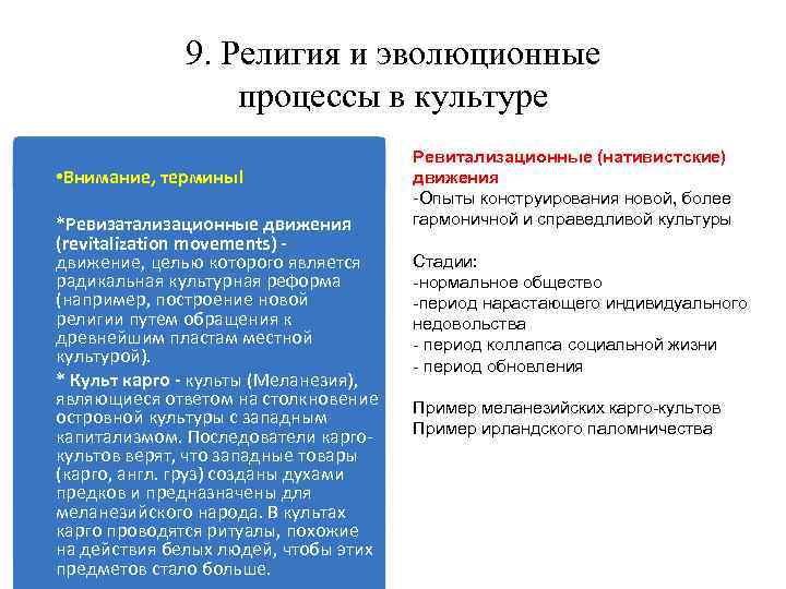 9. Религия и эволюционные процессы в культуре • Внимание, термины! *Ревизатализационные движения (revitalization movements)