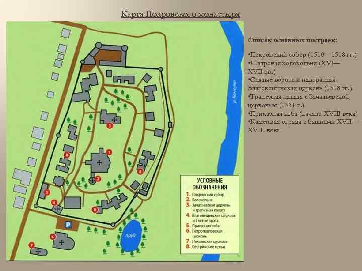 Карта Покровского монастыря Список основных построек: • Покровский собор (1510— 1518 гг. ) •