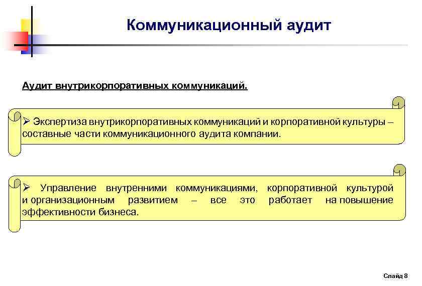 Коммуникационный аудит Аудит внутрикорпоративных коммуникаций. Ø Экспертиза внутрикорпоративных коммуникаций и корпоративной культуры – составные