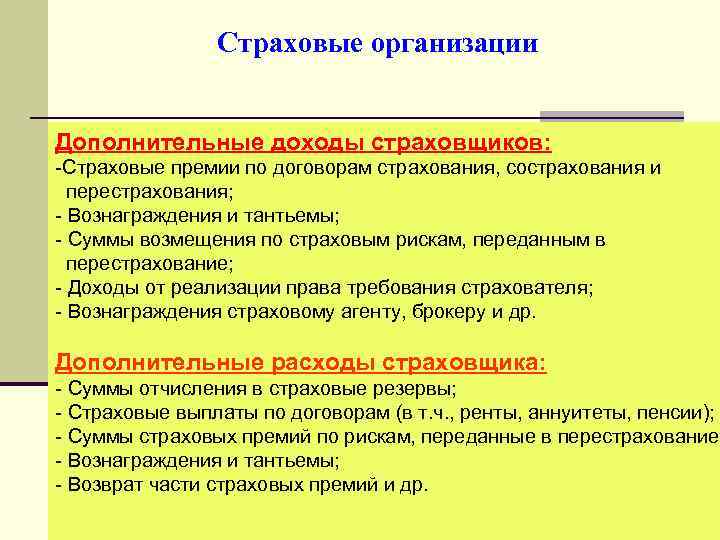 Страховые организации Дополнительные доходы страховщиков: -Страховые премии по договорам страхования, сострахования и перестрахования; -